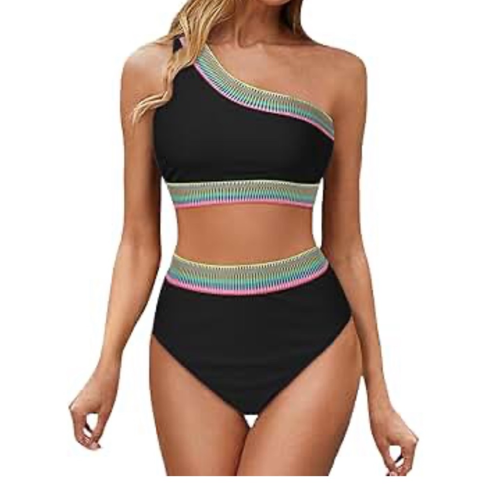 NWT Tempt Me Size XL Black One-Shoulder High Waist Swimsuit‎ Colorful Stripes